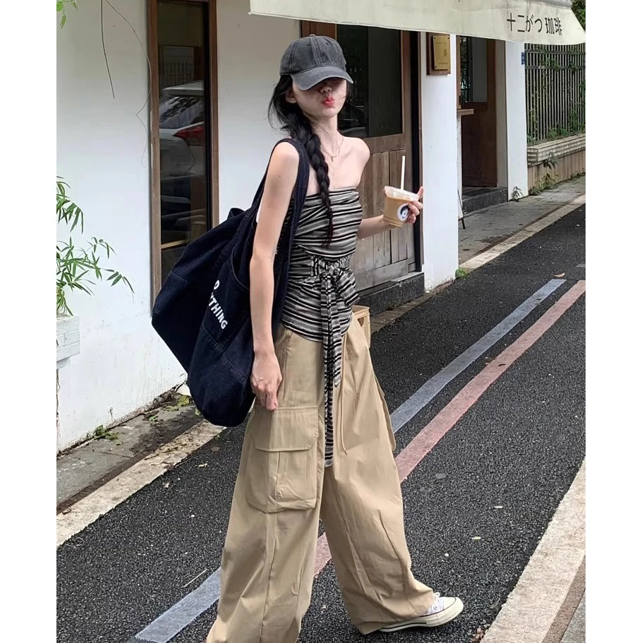 性感辣妹条纹抹胸背心女夏季复古撞色绑带修身无袖外穿设计感上衣