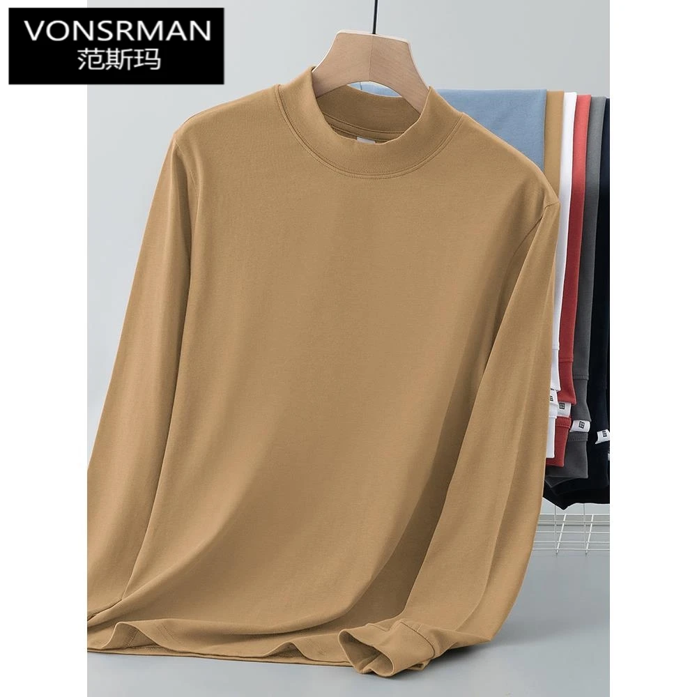 时尚半高领长袖t恤男装中领打底衫内搭体恤纯色秋衣休闲百搭
