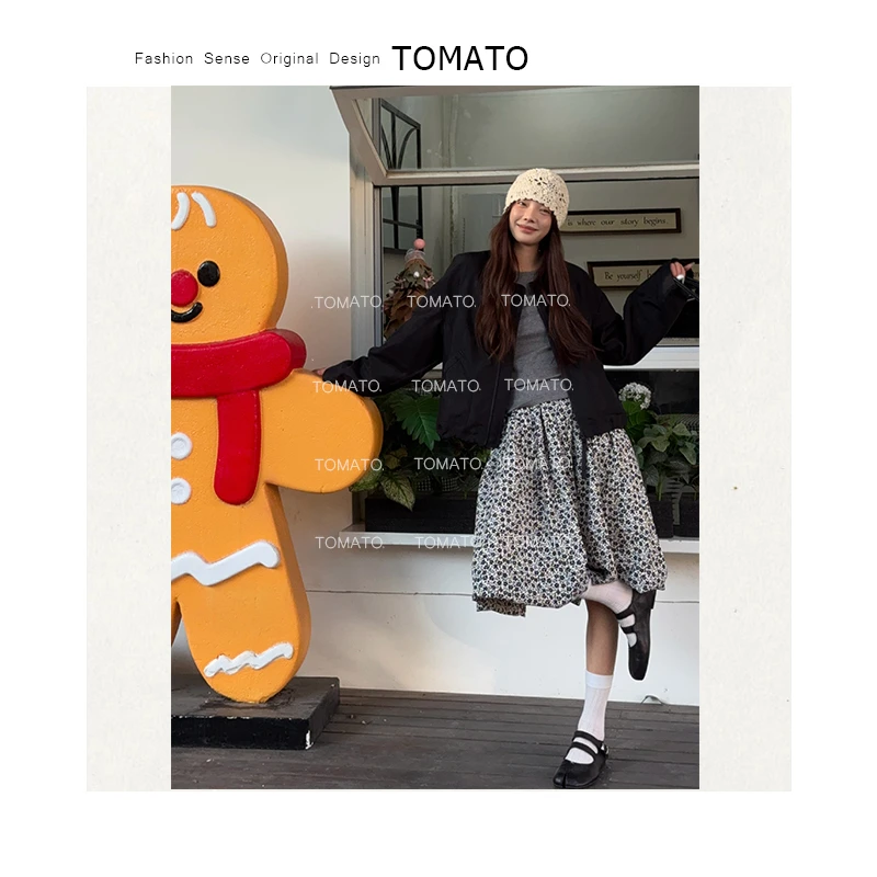 【TomaTo】花间蝶影 春季新款时尚高腰印花气质百搭半身裙C25Q03011