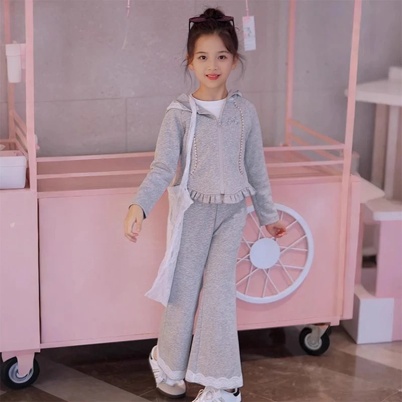 春秋女童长袖套装新款中大童洋气时尚连帽外套休闲长裤两件套童装