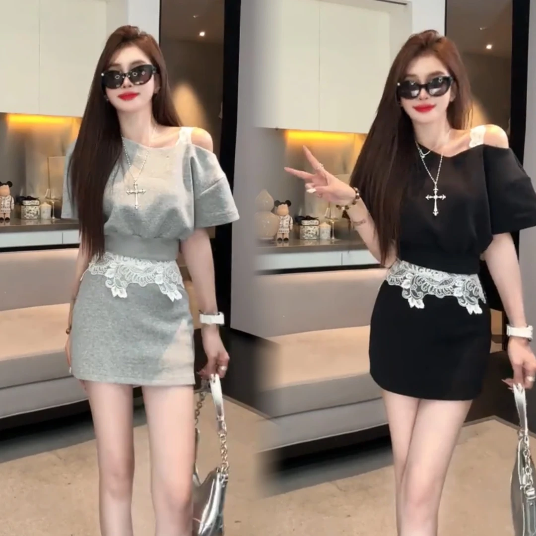 2025夏季时尚设计感时尚百搭灰色斜肩上衣高腰洋气减龄半身裙套装