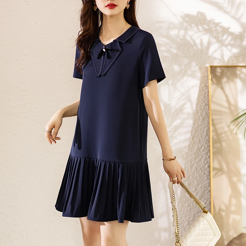 2025夏季女装娃娃领连衣裙夏气质宽松拼接百褶裙