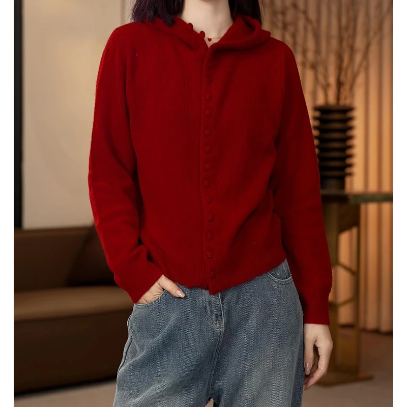 时尚百搭纯色连帽针织衫女2025春季新款宽松毛衣女款2025款网红款