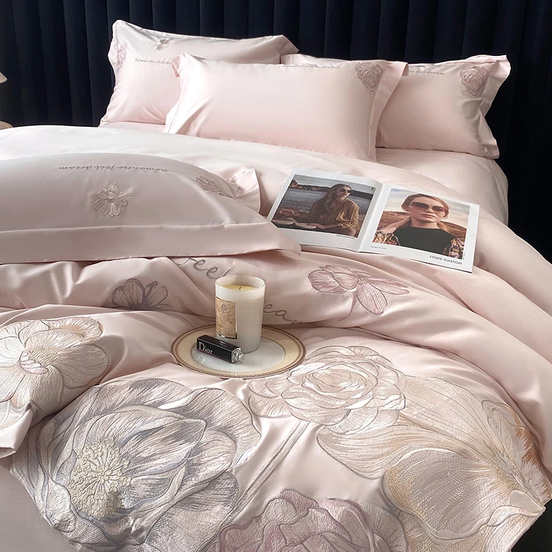 公主风高端长绒棉四件套全棉刺绣被套简约裸睡床单款轻奢床上用品