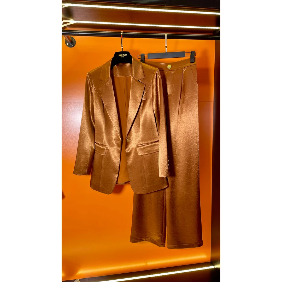 K0452春季新款醋酸缎面高级女套装时尚气质洋气轻奢长裤女装套装