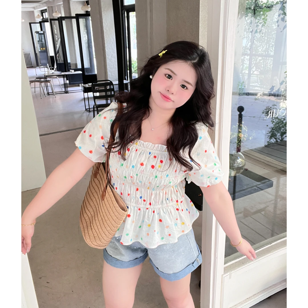 【青苍】大码女装胖妹妹夏季衬衫彩色波点收腰显瘦短袖上衣