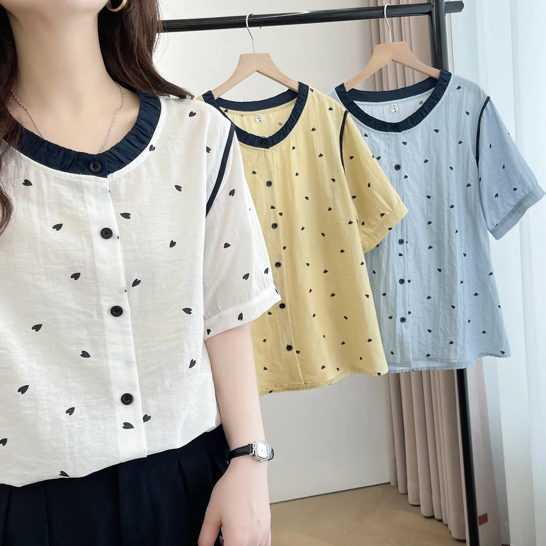 卡洛町大码女装110-200斤夏季新款时尚百搭印花圆领波点T恤2214