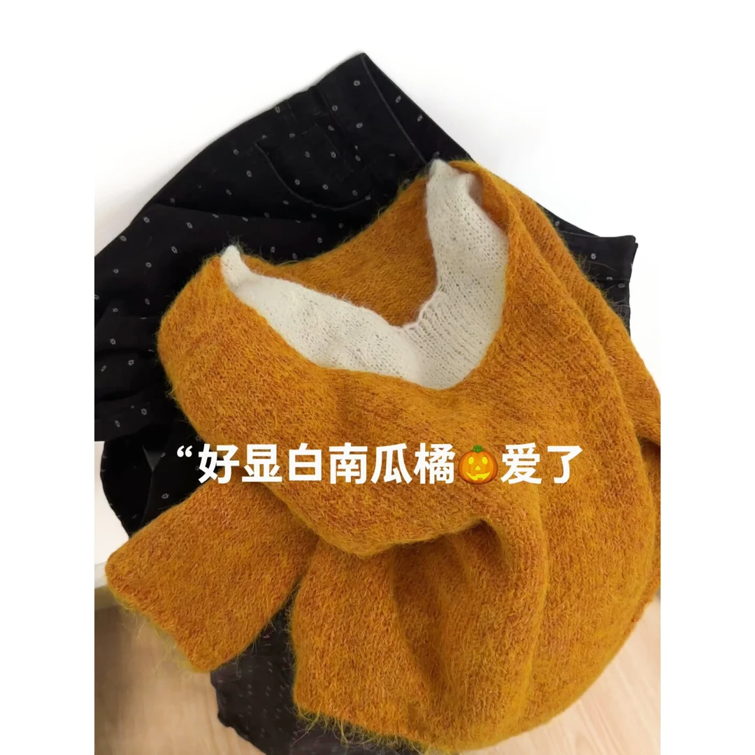 叠穿单搭都很美!韩系假两件南瓜橘毛衣女时尚气质v领显瘦百搭上衣