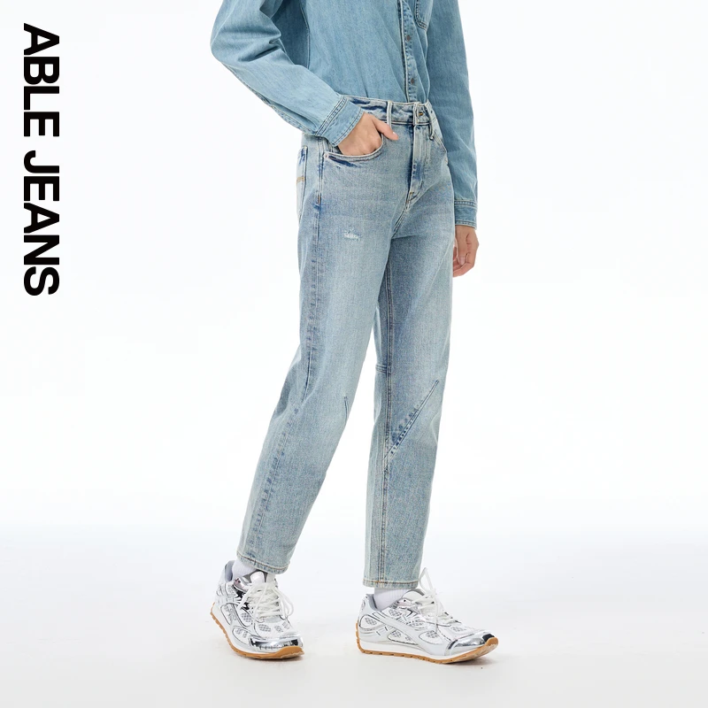 ABLEJEANS【立体锥形裤】秋季新款女士复古弹力牛仔裤破洞修身百搭