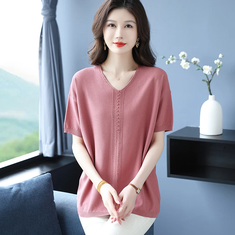 短袖洋气T恤宽松螺纹大码针织V领钉珠通勤纯色时尚妈妈遮肚薄上衣