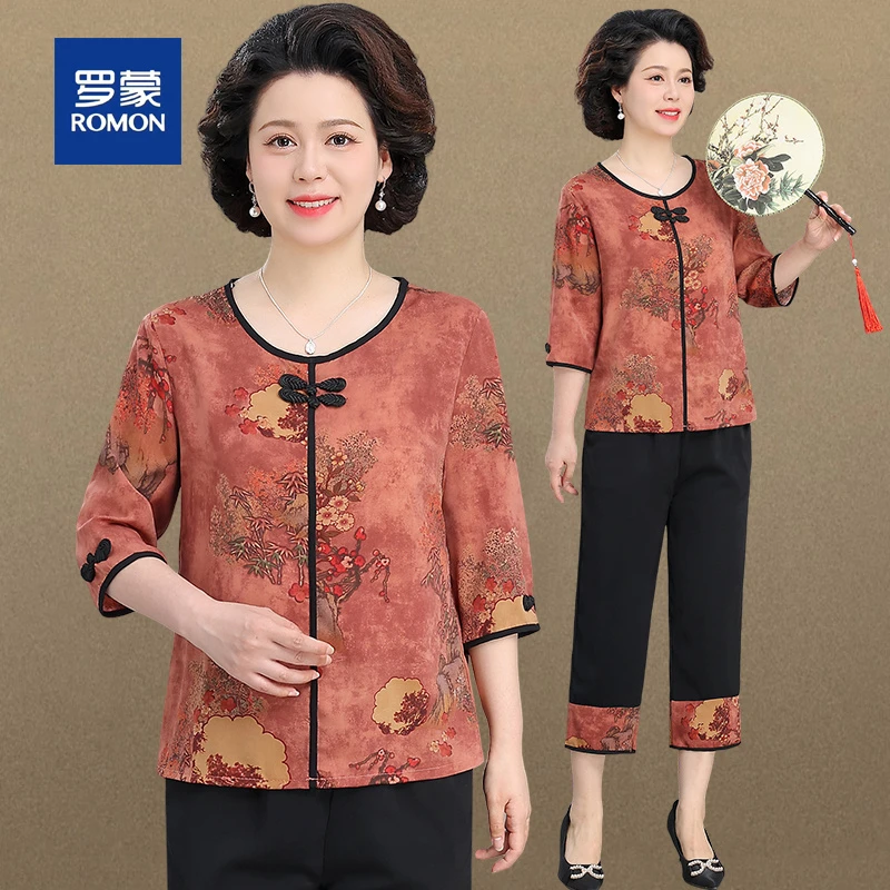 罗蒙奶奶装夏季套装新款中老年人七分袖T恤女老太太国风绣花衬衫