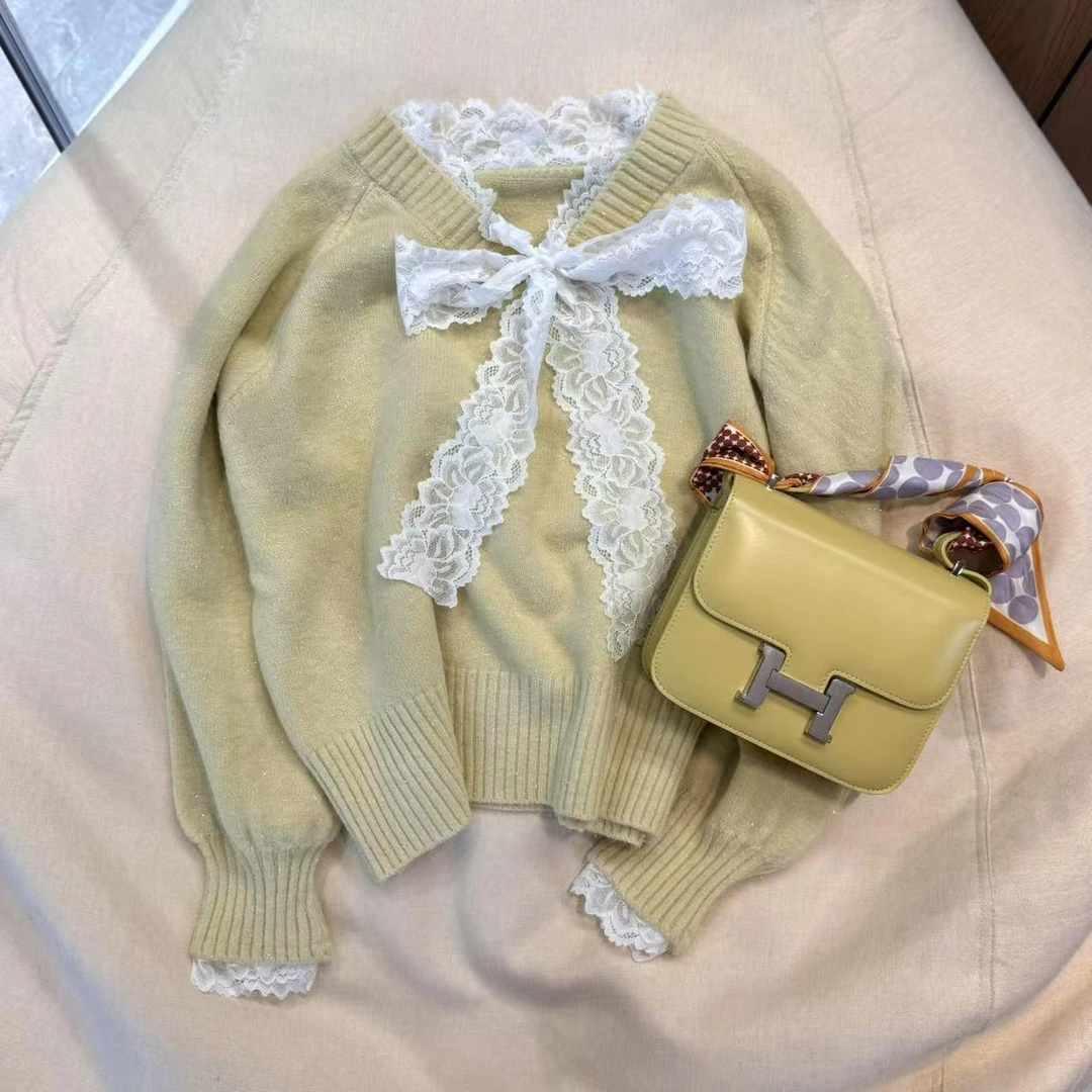 Barbie 【薇薇推荐】15039 秋冬甜美系带蕾丝花边设计感毛衣打底