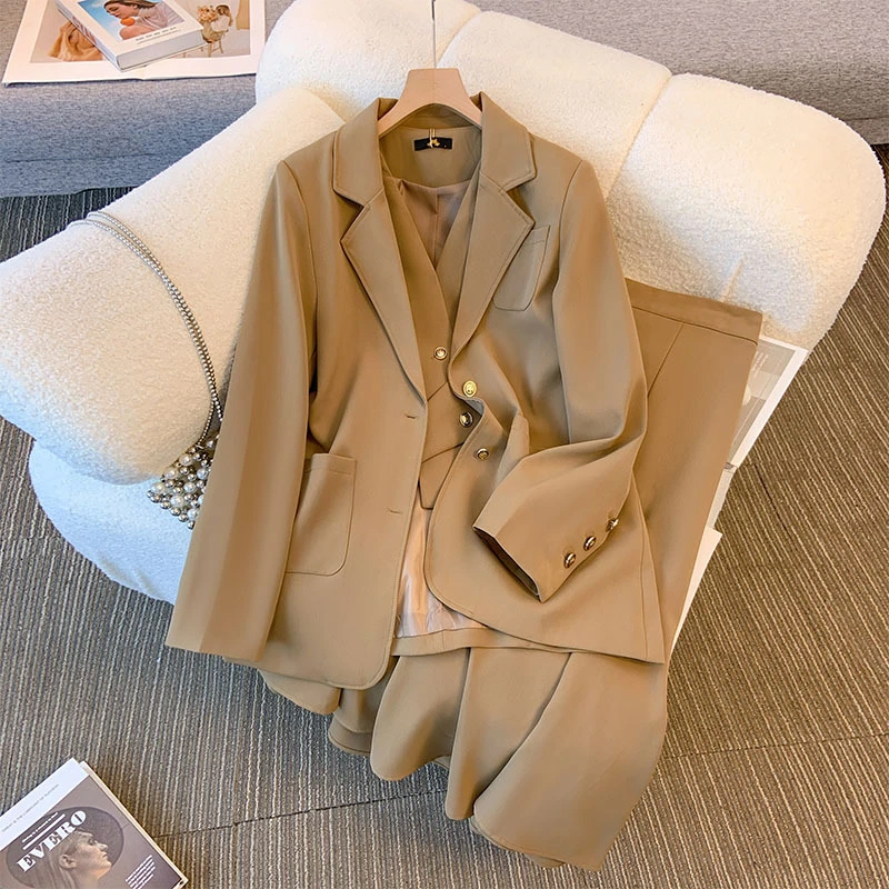 120-300大码女装西装外套马夹褶皱半身裙三件套2024秋冬新款胖MM