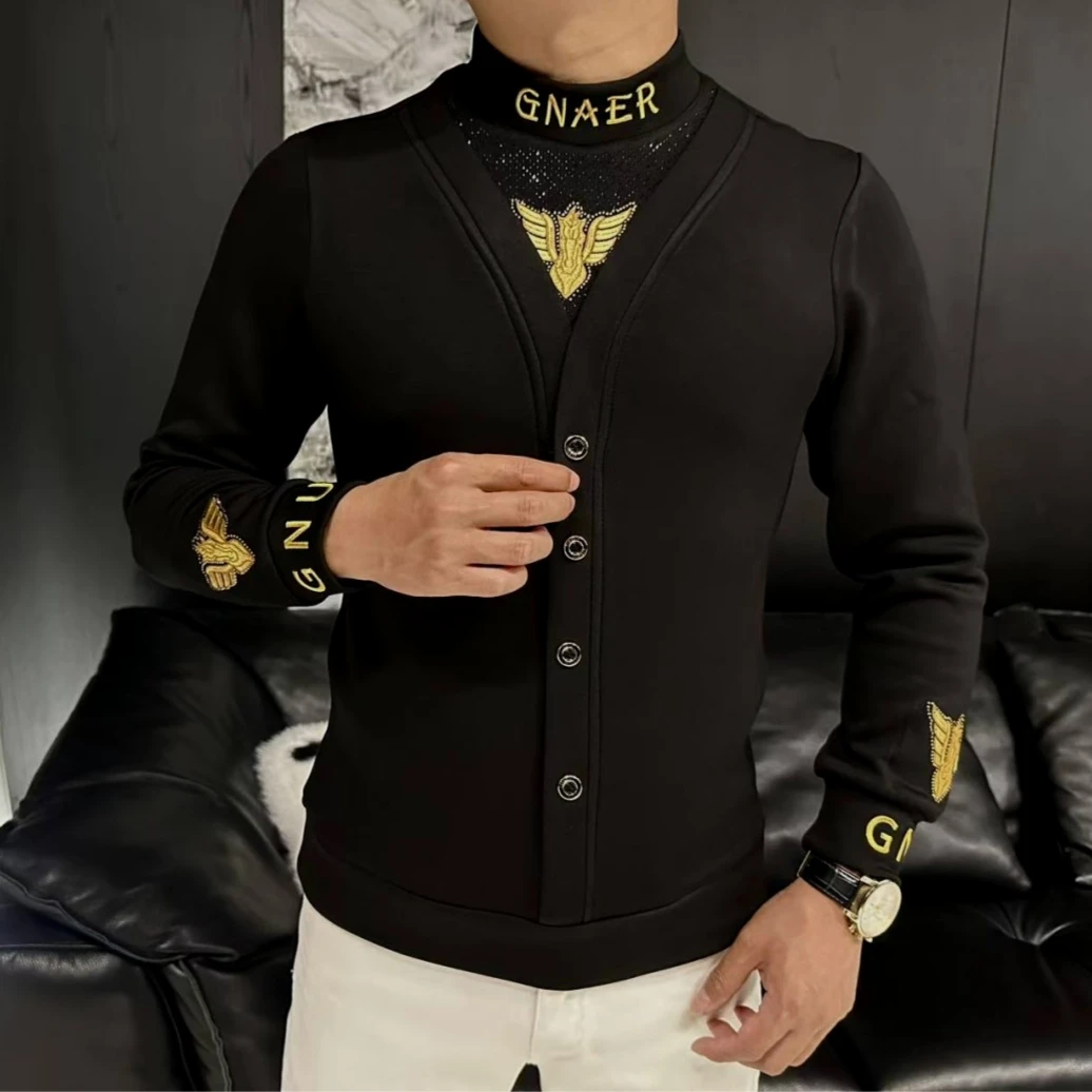 男士2025年冬季加绒新款潮流修身刺绣长袖假两件男款爆款烫钻马