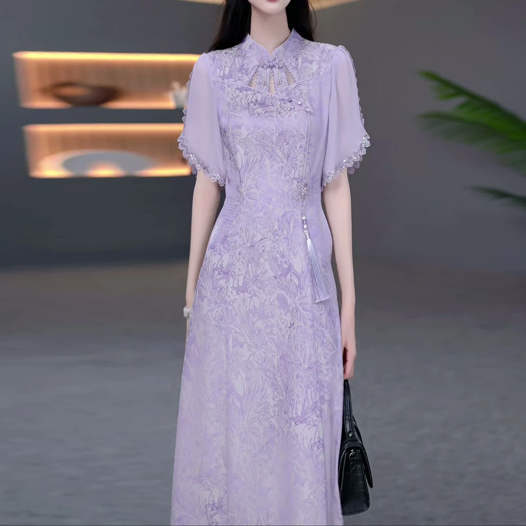 2025夏季提花缎面时尚复古优雅改良旗袍中长款中式连衣裙显瘦裙子