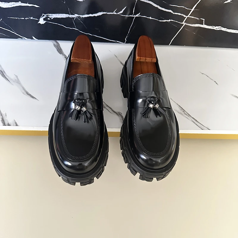 男士单鞋乐福鞋时尚百搭真皮厚底英伦风黑色圆头一脚蹬商务休闲鞋