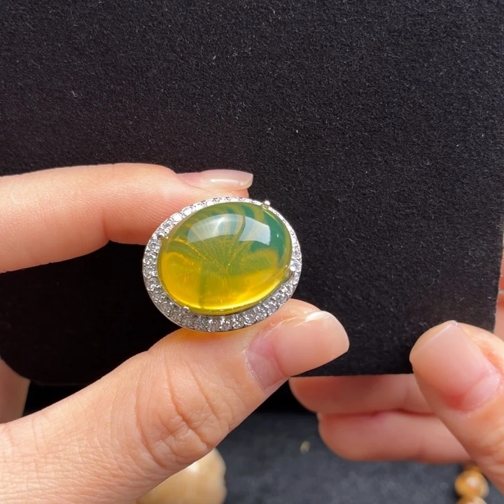 琥珀未镶嵌珠宝奇石黄茶变色龙戒圈