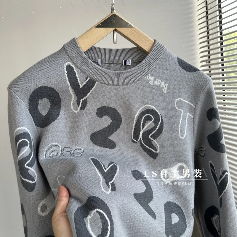 剪标~秋冬男款舒适满印花圆领长袖针织衫秋季套头打底保暖毛衣
