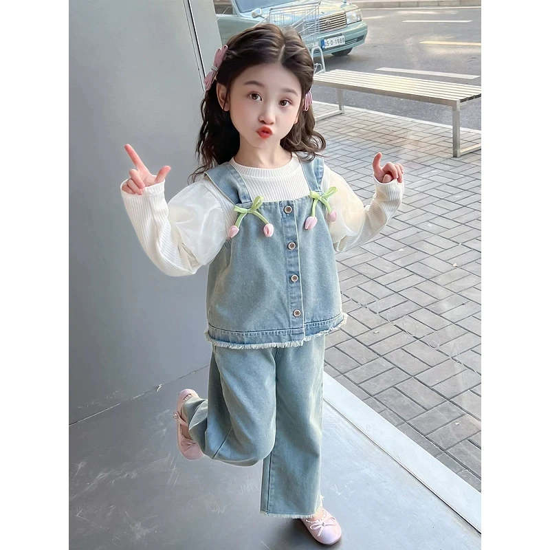 韩国儿童春装小香风套装新款女童洋气甜美牛仔三件套宝宝春秋衣服