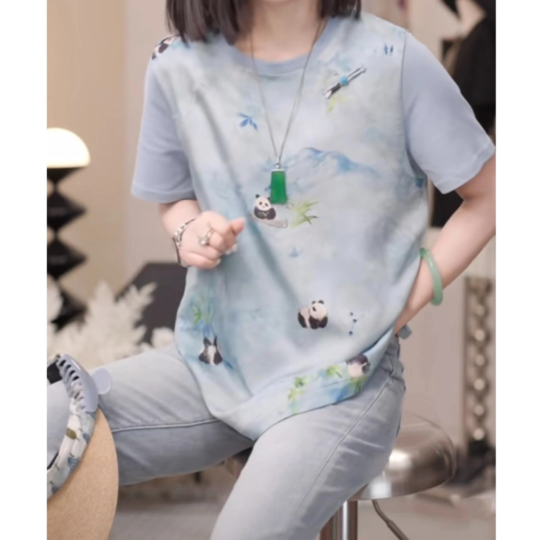 新中式国风小熊猫印花短袖T恤女2025夏季新款休闲时尚百搭上衣潮