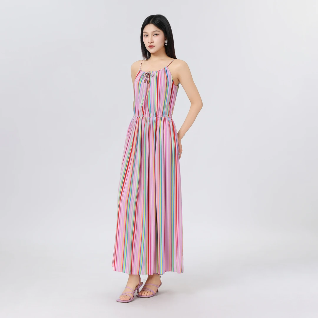 GIRDEAR/哥弟新款彩色条纹洋装欧若风春夏减龄吊带连衣裙150049