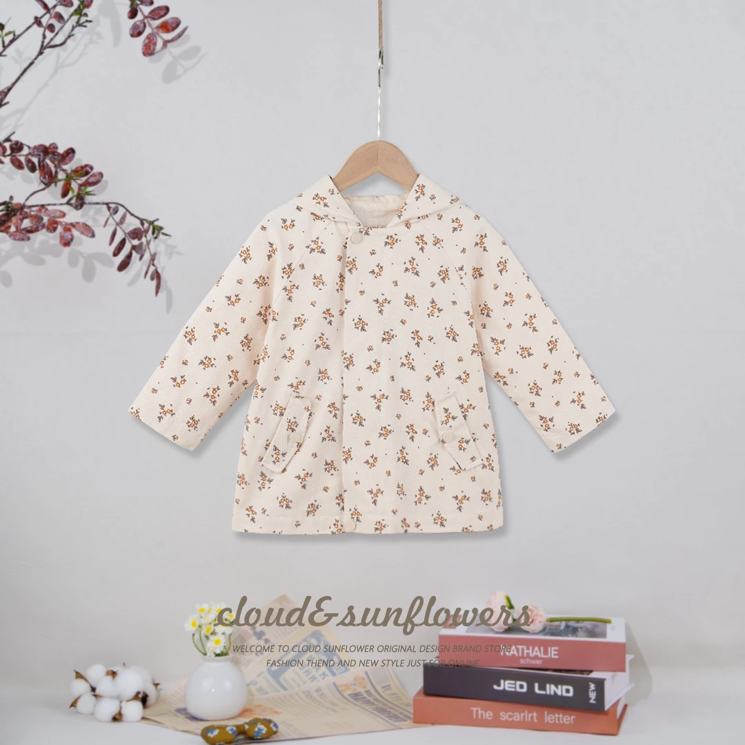 女童小花满印两粒扣暗扣连帽风衣外套1112920