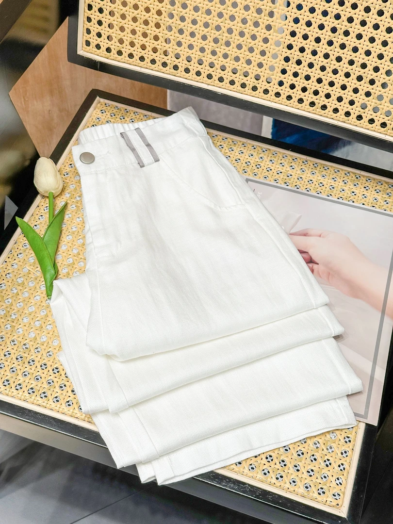 2025人字纹亚麻休闲直筒裤女裤松紧高腰裤子女宽松棉麻阔腿裤显瘦