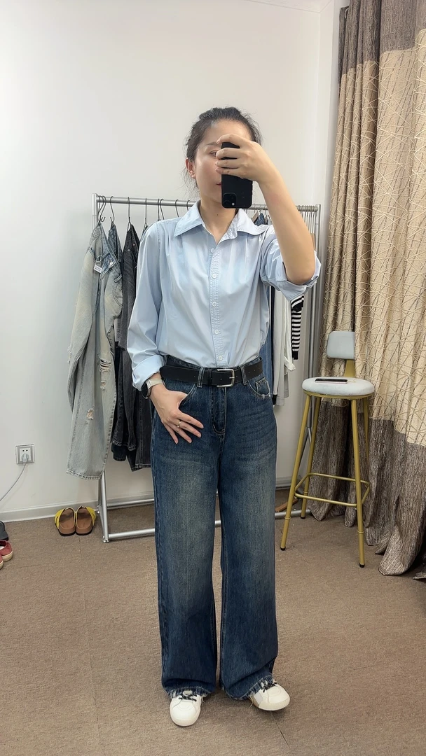 【狗蛋妈】秋季直筒裤深蓝色阔腿牛仔裤 时尚潮酷通勤设计师3556