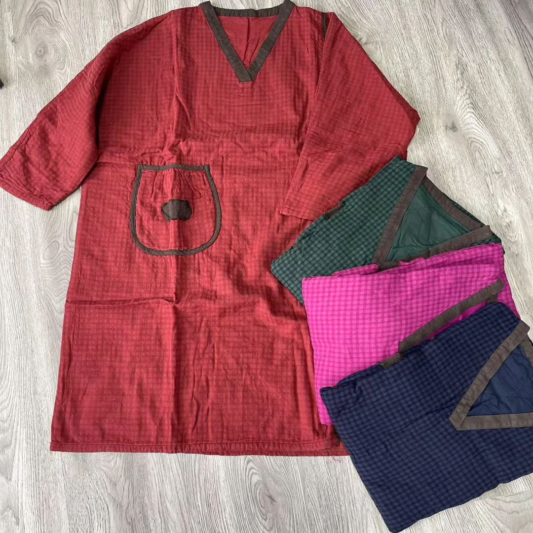 文艺复古亚麻拼接V领柔软舒适加内衬棉纱中长款宽松百搭上衣B22