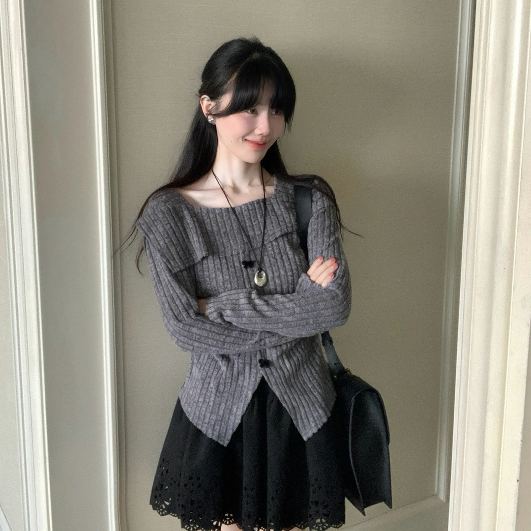 大码一字肩方领长袖t恤女秋冬胖mm设计感洋气温柔风上衣针织小衫