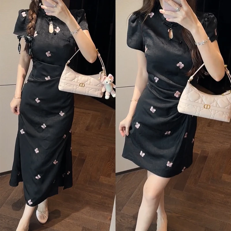 【mimius】喵喵 立领盘扣刺绣蝴蝶气质新中式旗袍连衣裙 G06036