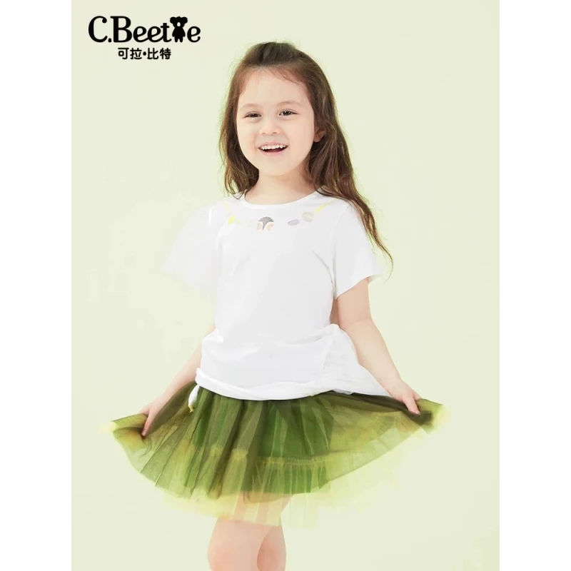 可拉比特童装夏季女童纯棉圆领短袖T恤网纱拼接上衣FL1248559