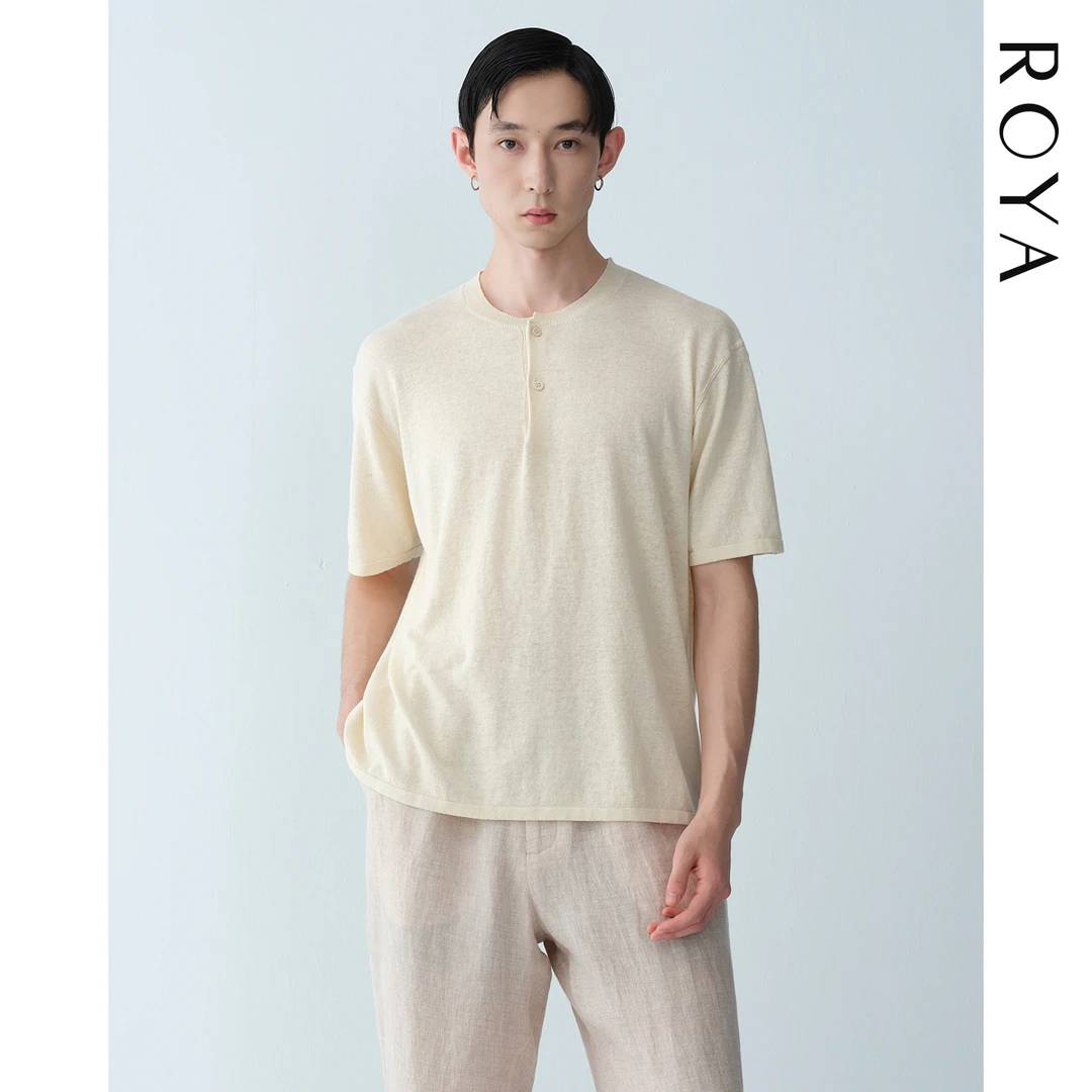 ROYA丨进口亚麻棉混纺轻透凉感四季针织慵懒极简亨利领短袖
