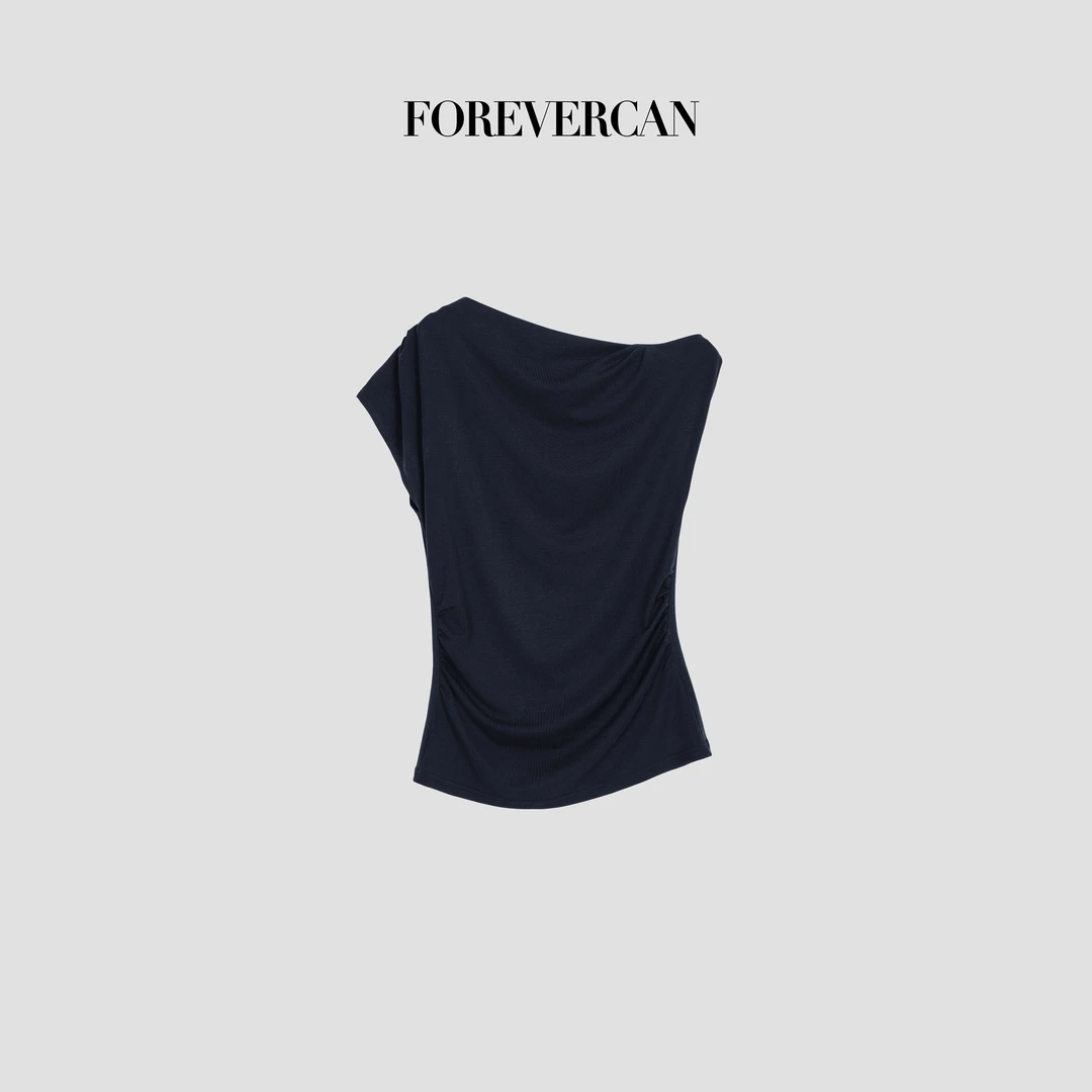 FOREVERCAN“滨海长廊”不对称斜肩褶皱百搭短袖T恤ST23487