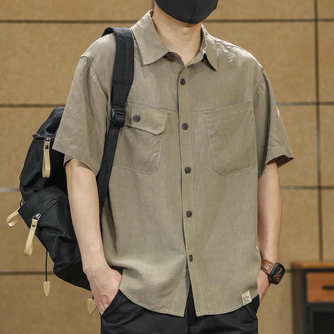 高端莱赛尔抗皱易打理短袖衬衫男夏季新款美式复古工装衬衣男