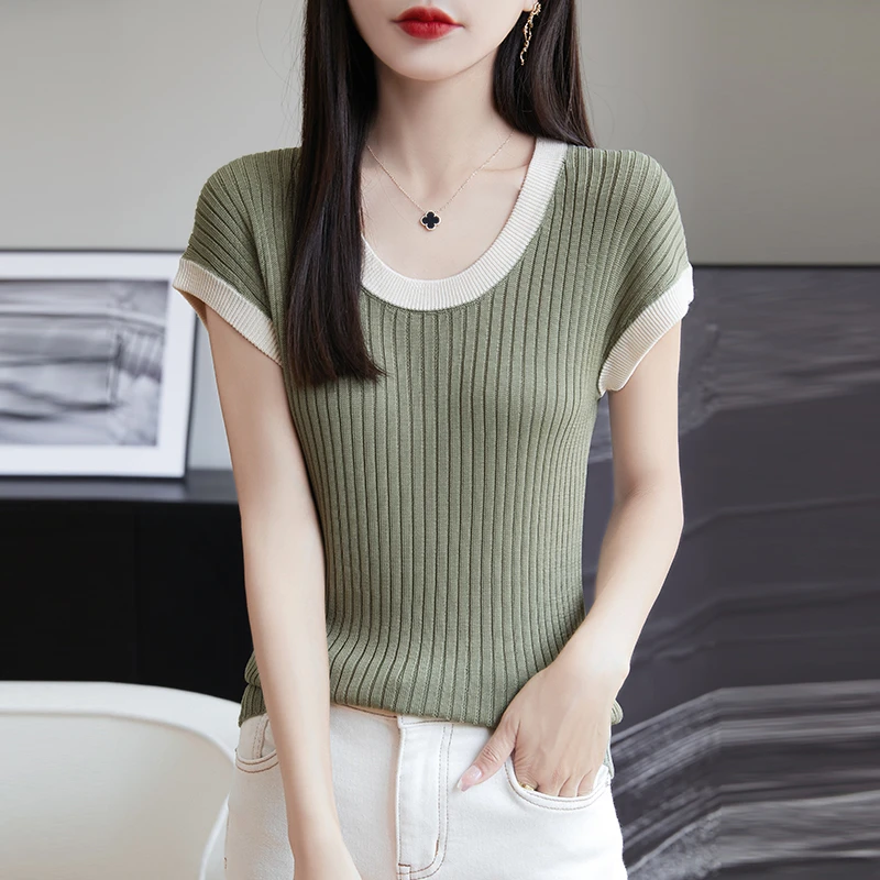 羊范设计感针织上衣女夏季薄款100%莱赛尔针织短袖圆领拼色套头衫