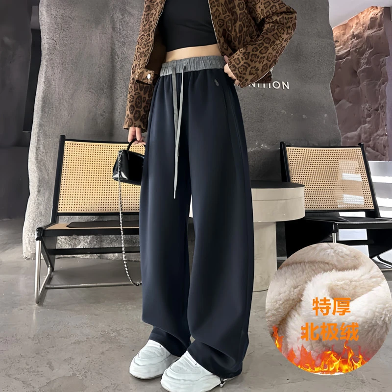 秋冬特厚北极绒刺绣小马弯刀阔腿裤女宽松显瘦休闲百搭直筒运动裤