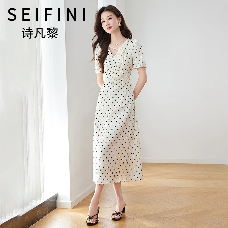 SEIFINI/诗凡黎折扣女装法式波点连衣裙时尚气质收腰设计款长裙潮