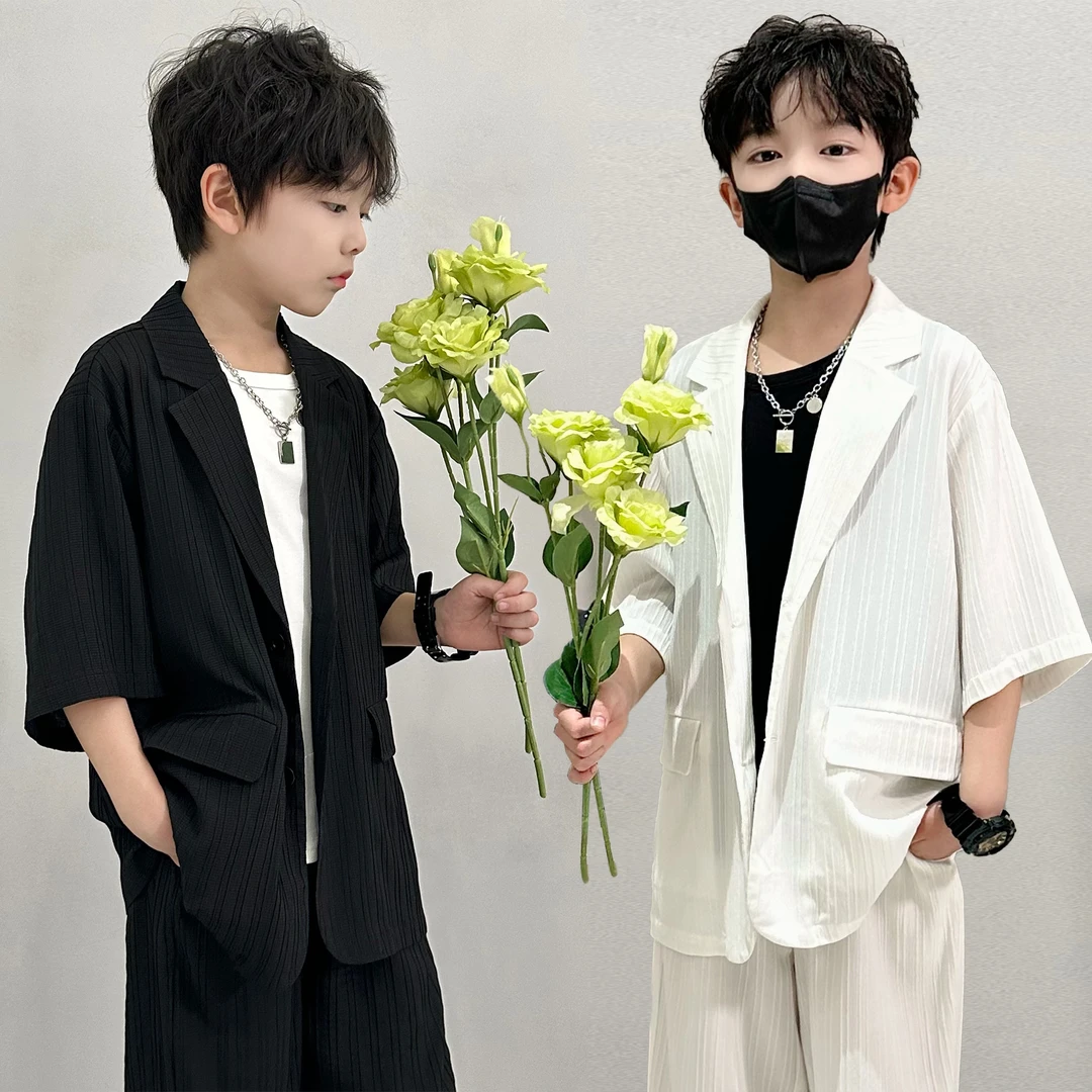 象小爸童装【提花肌理短袖西装】2025夏高端帅气中大童西服两件套