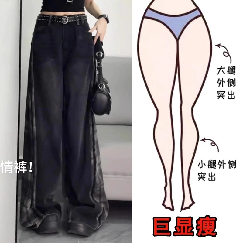 2025夏季新款大码女装宽松格纹阔腿牛仔裤梨形身材显瘦高腰拖地裤