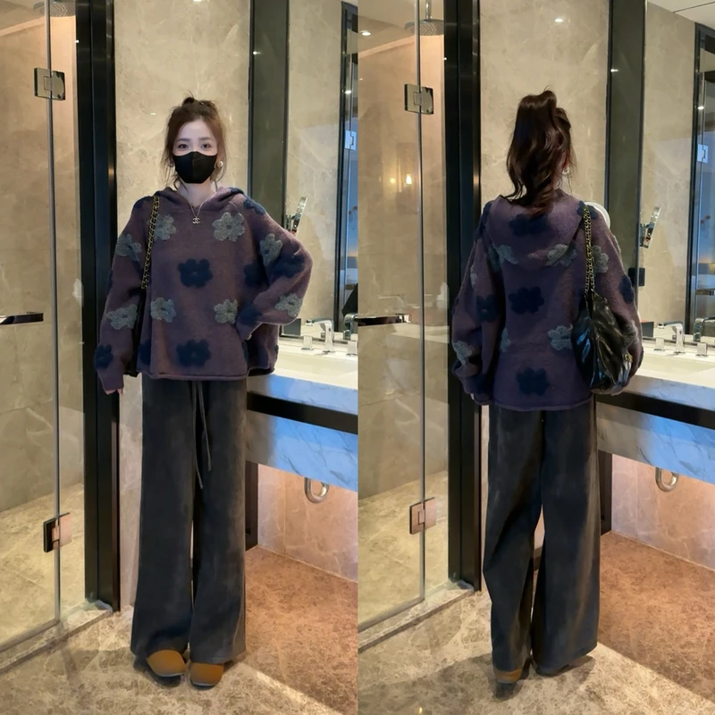 2025秋冬新款潮流印花长袖上衣+高腰阔腿裤两件套女时尚百搭衣服