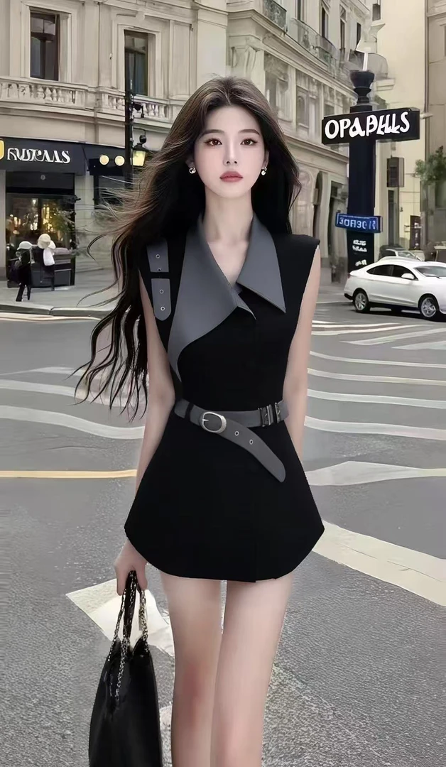 别致设计感撞色V领不规则无袖收腰系带显瘦连衣裙女小众时尚气质