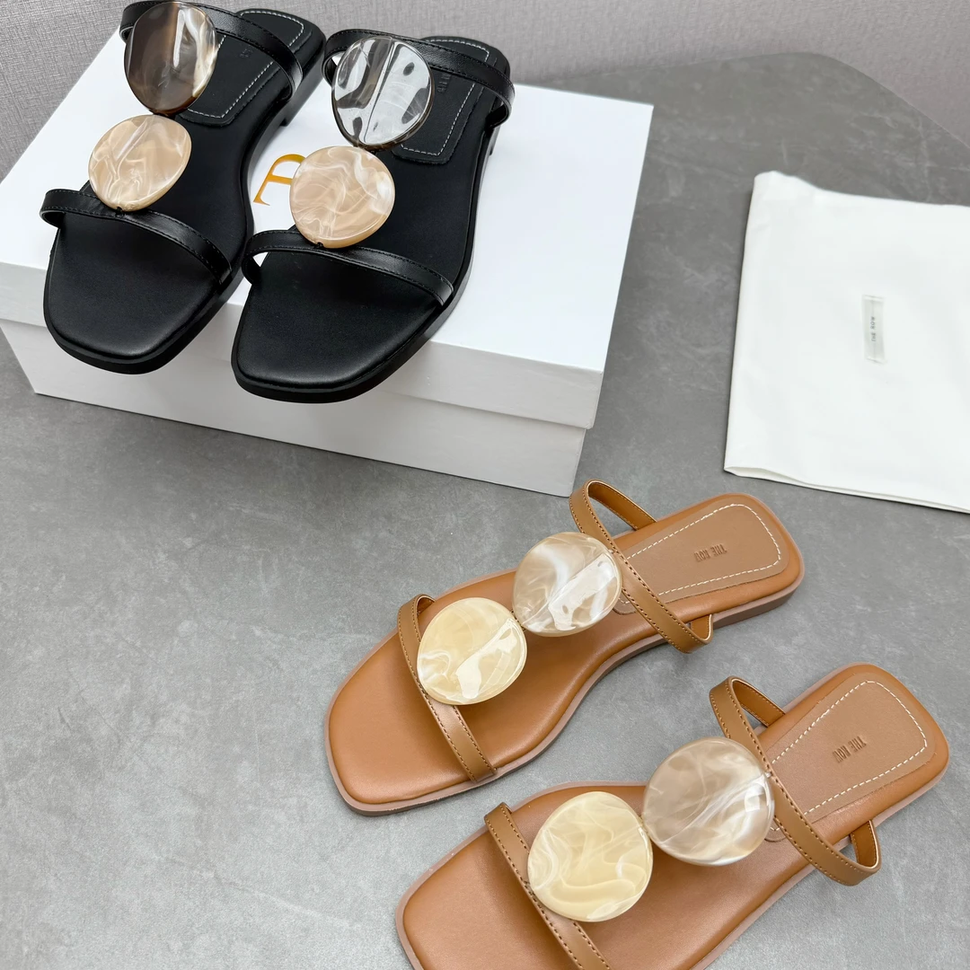 凉拖鞋打蜡方头夏季凉鞋平底一字拖平跟搭扣韩版沙滩