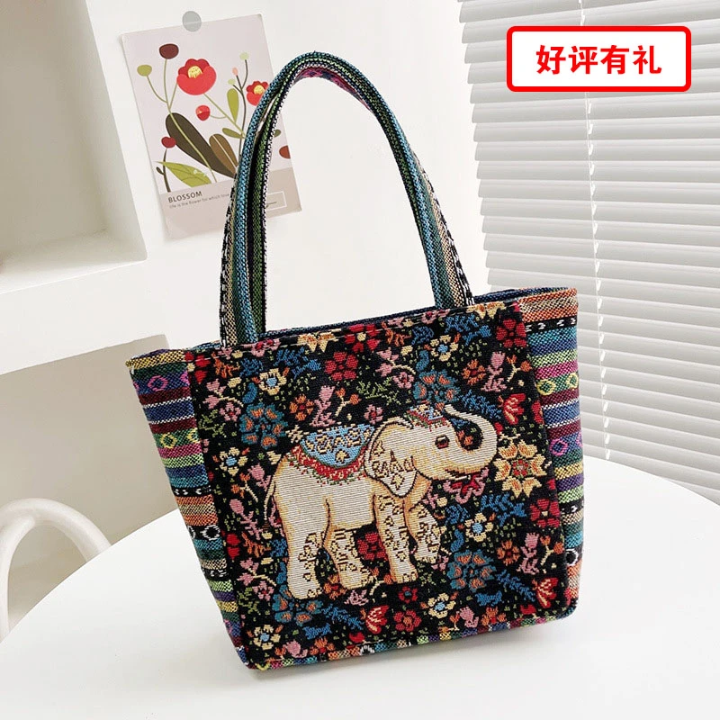 帆布刺绣包民族大象购物学生旅游中手拎包手提包花象百搭单肩包女