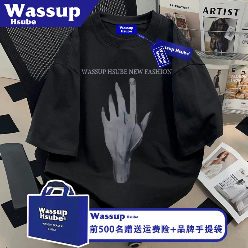 WASSUP HSUBE潮酷手掌印花T恤夏季凉感纯棉短袖ins男女款黑色上衣