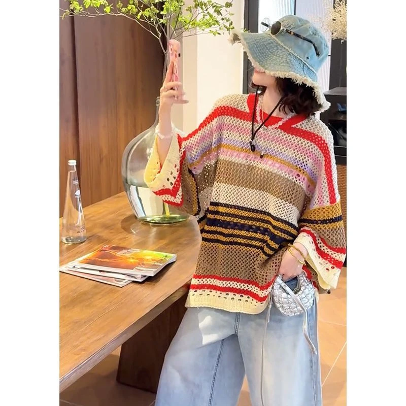 欧洲站2025秋季新款韩版休闲百搭宽松中长款洋气大码圆领针织衫潮
