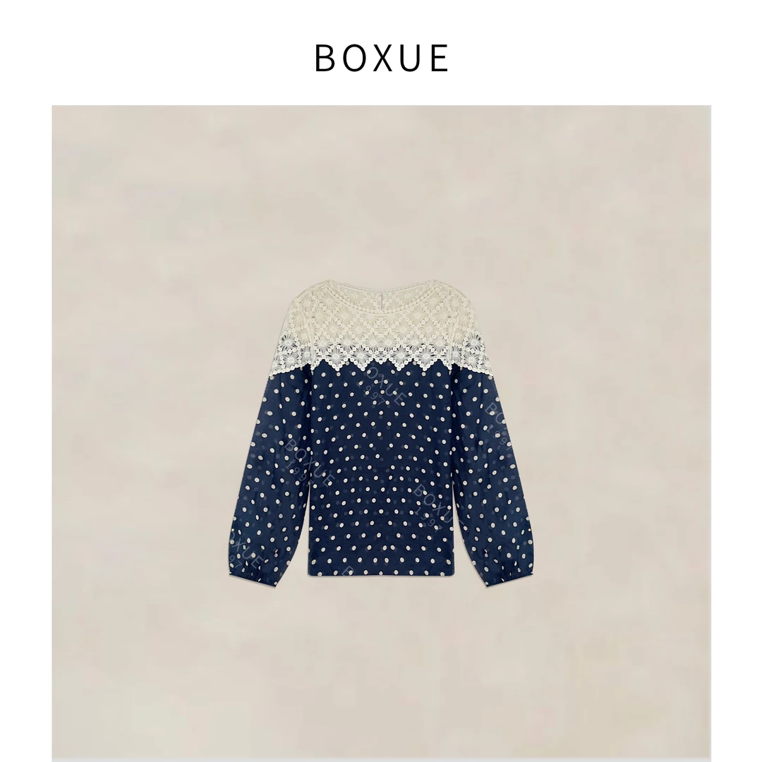 BOXUE“赫本星迹”2025新款高级感100苎麻轻奢波点 T恤#250217T342