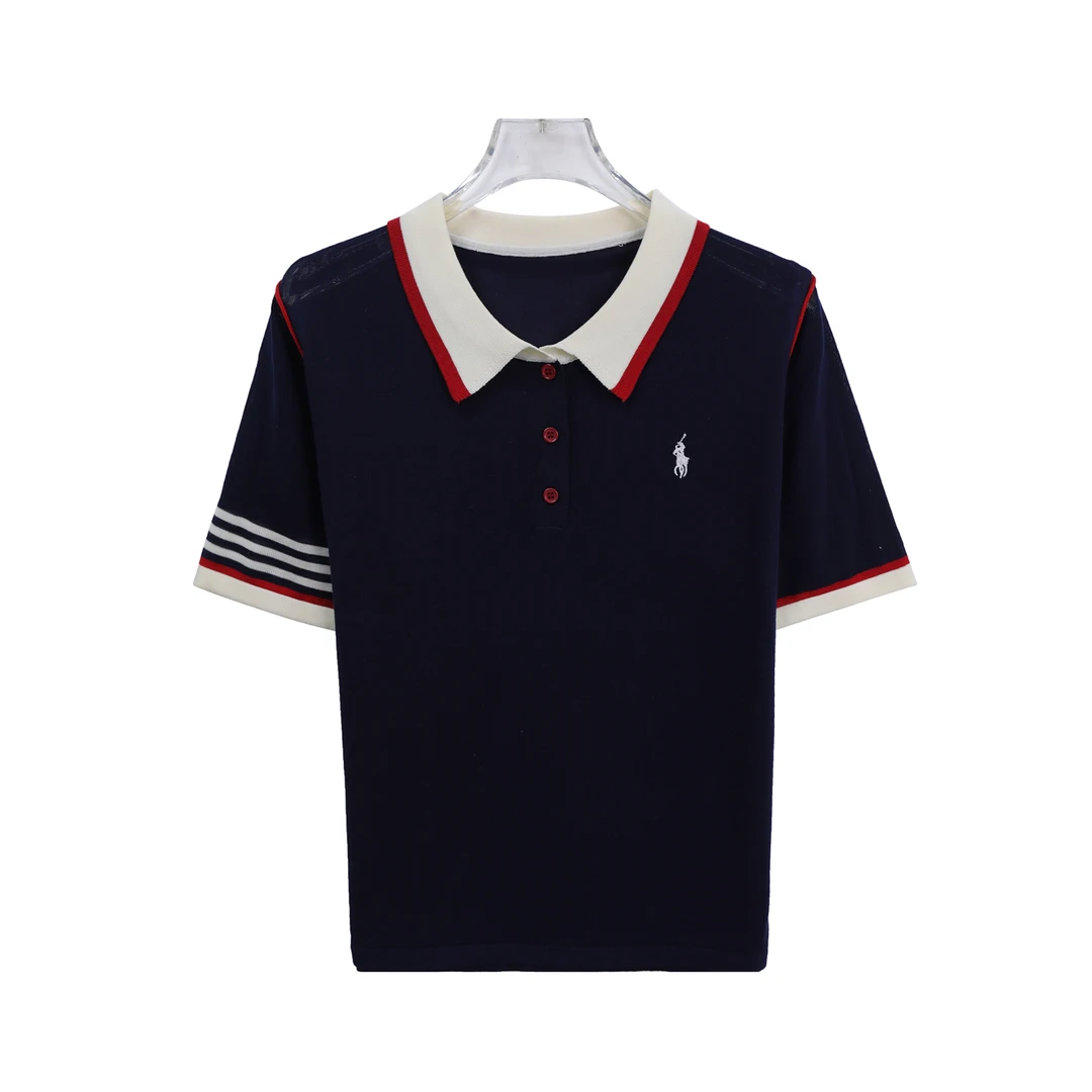 夏季新款撞色翻领刺绣短袖舒适宽松T袖上衣A11291