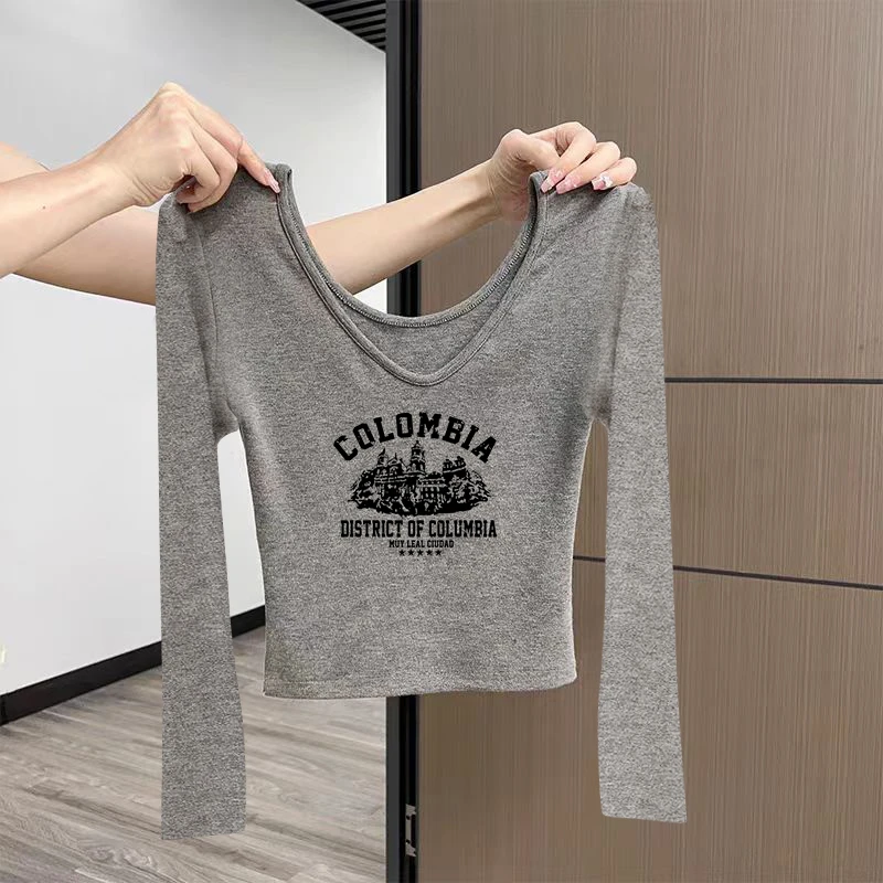 长袖T恤女修身显瘦内搭洋气上衣时尚百搭打底衫潮2025早秋正肩V领