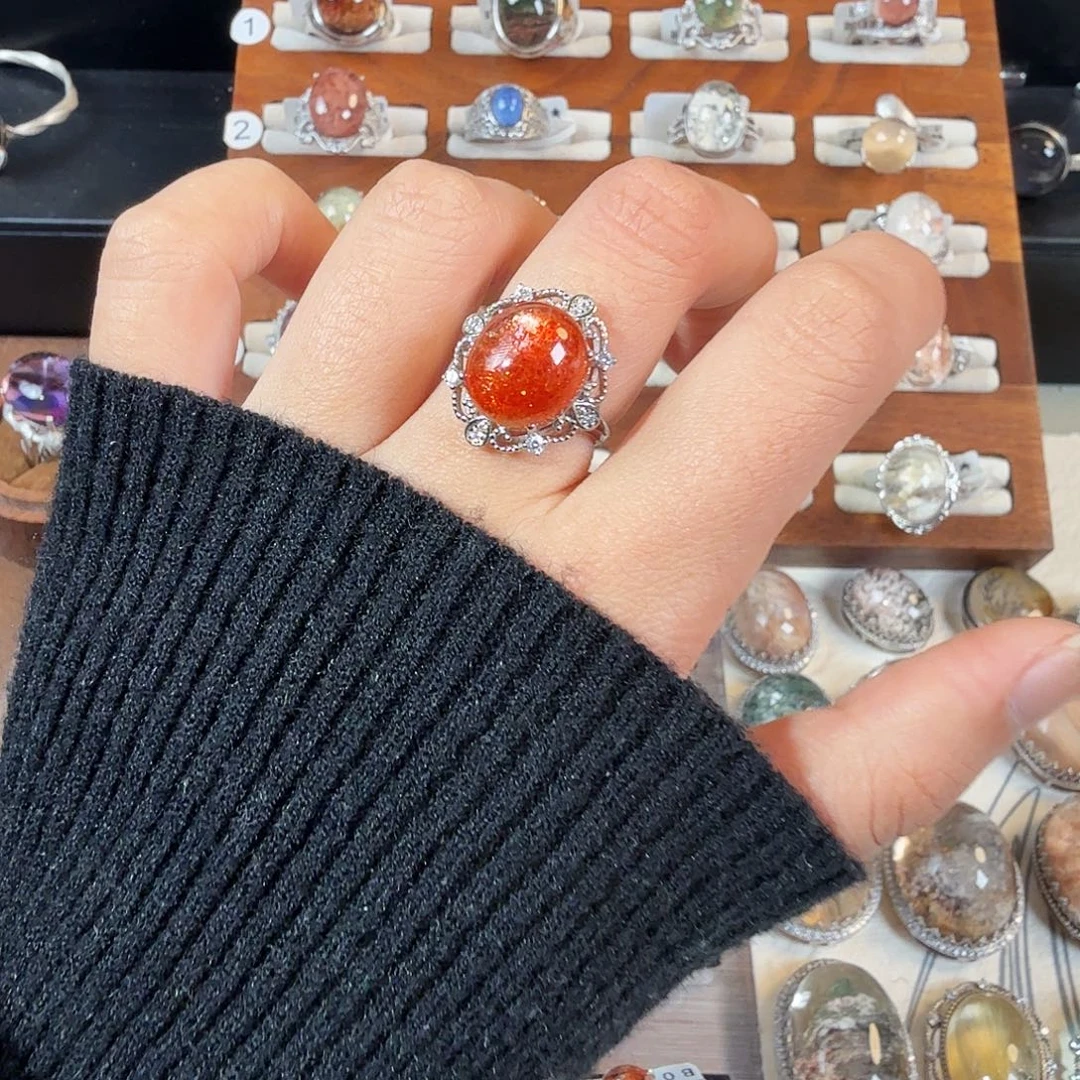 长石戒指银S925镶嵌